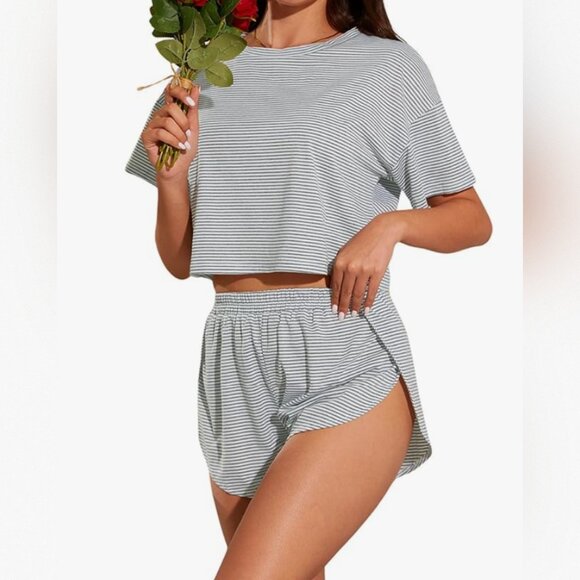 Other - Women's Two Piece Pajama Set Striped Print Short Sleeve Tee and Side Split Short